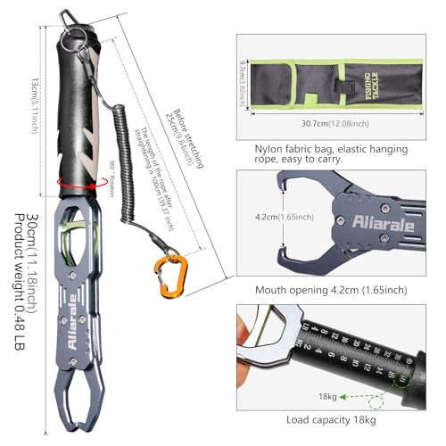 Image of Fish Lip Gripper Fish Scales Professional Fish Holder Aluminium Alloy Material Grabber 40 Pound Fish Lip Grip Tool with Weight Scale and 360 Degree Rotation,Fish Grabber Clip Fish Control Tackle
