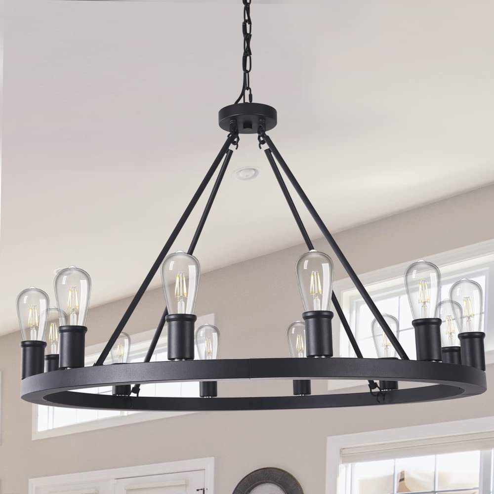 Wellmet Farmhouse Black Chandelier,12 Lights Wagon Wheel Large Chandeliers for Kitchen Island,Hanging Modern Farmhouse Pendant Ceiling Lighting for Dining Room,Living Room,Hallway,35-Inch W