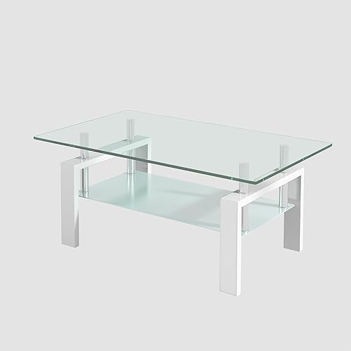 Miniatura 8 de Moderna mesa auxiliar rectangular de vidrio de 2 niveles, mesa de té de vidrio templado transparente para sala de estar, 39.4 x 23.7 x 17.68