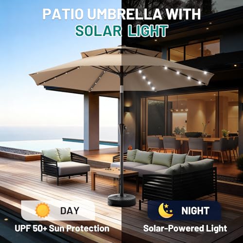 Image of AreShark 9ft 2 Tiers Patio Umbrella with Solar Lights, Outdoor Umbrella w / 32 LED Lights&8 Sturdy Ribs, Table Umbrella for Deck, Backyard, Pool(Beige)