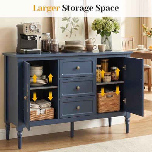 Image of FansaFurn Blue Storage Cabinet, Mid-Century Buffet Cabinet with 2 Doors & 3 Drawers, Accent Sideboard Cabinet with Adjustable Shelves & Turned Legs for Entryway, Living Room, Dining Room