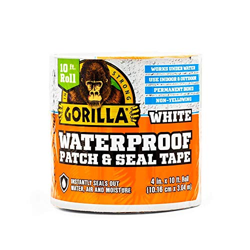 Image of Gorilla Waterproof Patch & Seal Tape, White Tape, 4 inch x 10' - Permanent Weather Resistant Seal for Leaks and Repairs (Pack of 6)