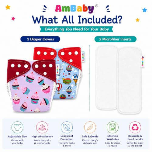 Image of Ambaby Pack of 4 Premium Pocket Cloth Diapers with 2 Diaper Covers & 2 High-Absorbency 4Layer Insert Pads. Leak-Proof, Adjustable, Breathable, Reusable & Washable. Fits Babies 3 Months-3 Years(3-18kg) (FLAMINGO)