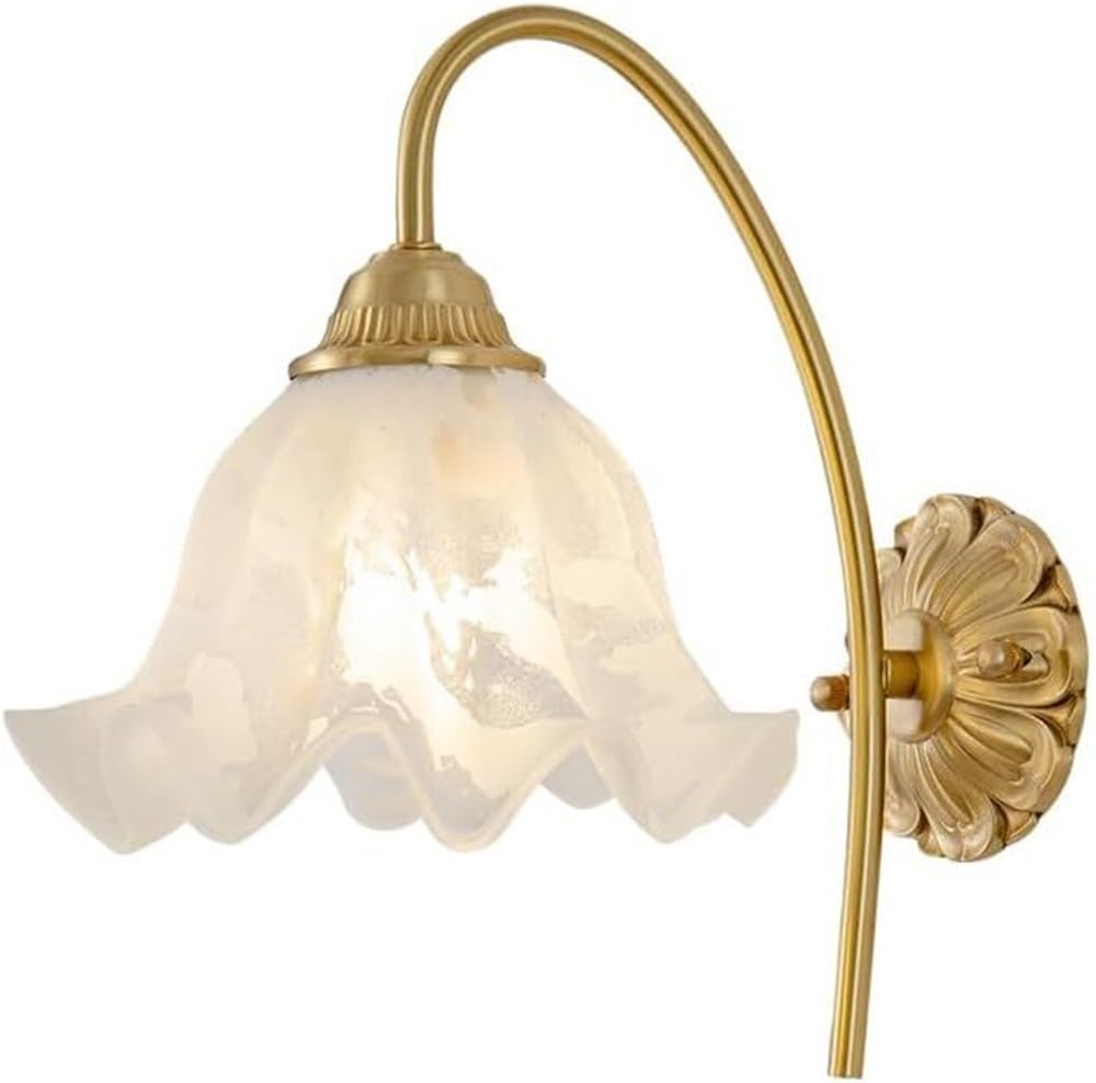 HXYSXHJUO Vintage Milk Glass Wall Lights Mid Century Lamp For Bedroom Living Room Farmhouse Bathroom Bedside Mounted Antique Brass Flower Sconce Gold Floral Sconces