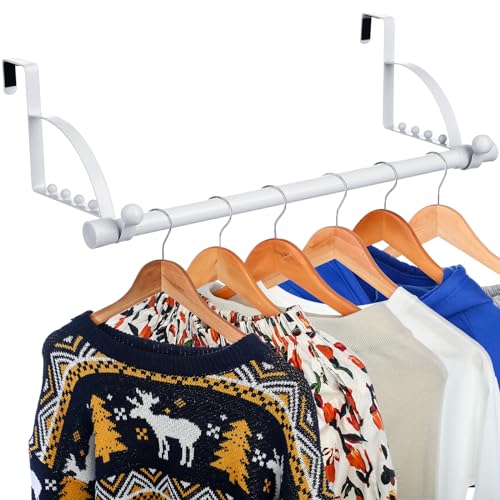 DoubleFill The Door Hooks Hanger Adjustable Closet Hanger Purses Over The Door Hanging Rack Multi Hanging Storage with Telescopic Pole for Bedroom Washroom Office Clothes Towels(White)