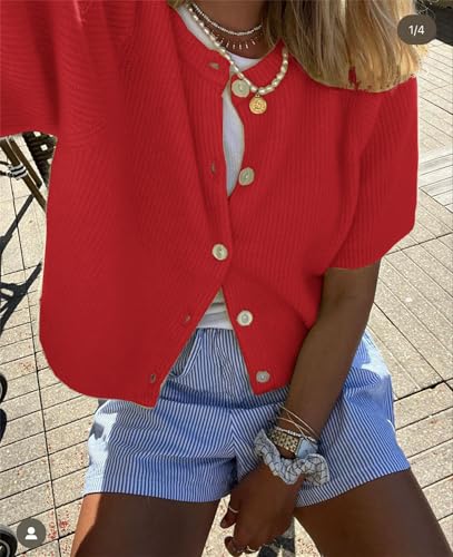 Image of Women Knitted Crop Cardigan Shirt Short Sleeve Button Down Ribbed Knit Crop Top Y2k Girls Outwear Top Tee Shirt