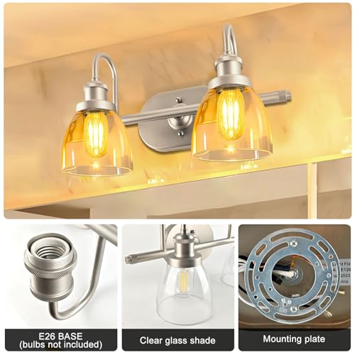 Image of Lightdot Brushed Nickel Bathroom Light Fixture, 17.5IN 2-Light Bathroom Vanity Light with Clear Glass Shades, 60W Max /120V Modern Wall Lights for Mirror Kitchen Living Room, E26 Base-Silver