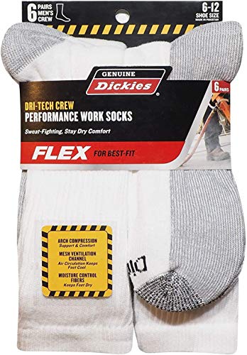 Genuine-Dickies Men's Dri-Tech Performance Crew Work Sock 6-Pair-Pack (White)