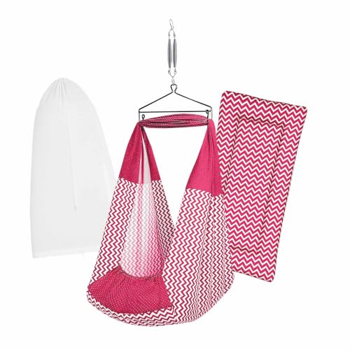 Image of Premium Swing Cradle Set | Cradle Cloth, Padded Bed, Mosquito Net, Heavy-Duty Spring & Triangle Hanger | Up to 15 kg | Red Stripes