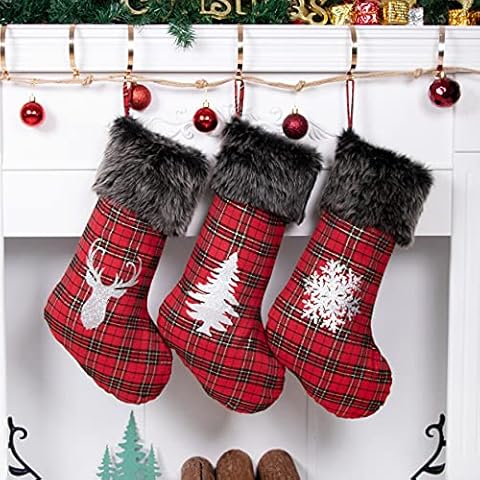 Large Set of 3 Red Plaid Christmas Stockings Cover