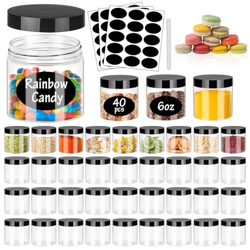 SLifeJars 6OZ Plastic Jars with Black Lids 40Pcs Empty Plastic Pot Jars Round Refillable Clear Slime Containers Jar Airtight Storage Jar for Travel Storage Home Kitchen Food Slime Making