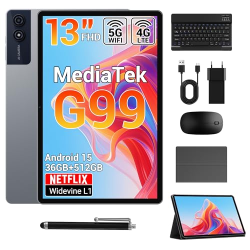 SADSYMB Tablette 13 Pouces avec Android 15, 36GB RAM+512GB ROM(TF2TB), G99 2.2GHz Octa-Core, 4G LTE/5G WiFi, 2960x1840 INCELL, Gemini AI, 11580mAh,13MP+8MP, BT 5.0/GPS/Face ID/Tab avec Clavier(Gris)
