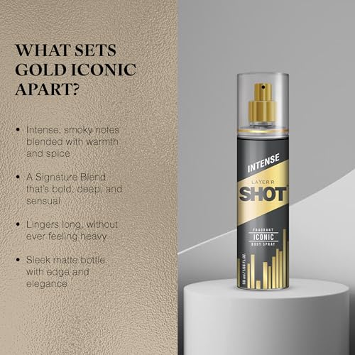 Image of Layer'r Shot Gold Iconic Body Spray for Men, Pack of 4 (4x50ml) | Long-Lasting Fresh Ozonic Citrus & Amber Fragrance | Travel Size Deodorant | IFRA Certified