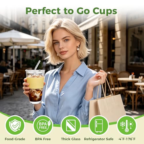 Image of Birity 16oz Glass Cups with Lids and Straws,Glass tumbler With Straw and Lid-Reusable Iced Coffee Cups for Tea, Juice, Smoothies, Mason Jar Drinking Cup for Hot /Cold Drinks at Home,Office,Travel