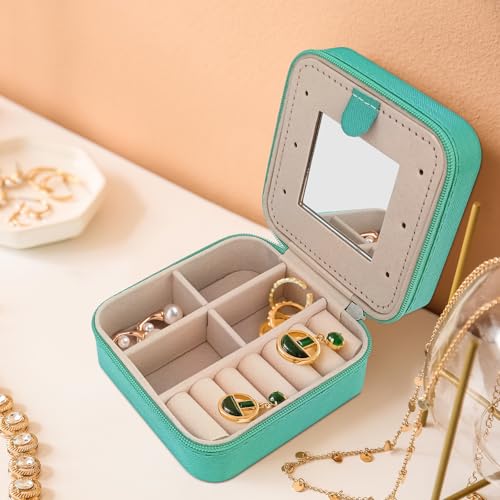 Caixa de viagem de joias com mini espelho de maquiagem - estojo compacto pequeno - organizador de joias portátil para mulheres e meninas - azul