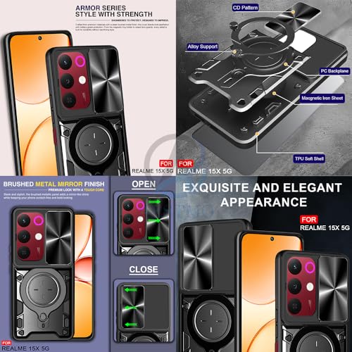 Image of AESTMO Armor realme 15X 5g / C85 5g Bumper Back Case Cover | Ring Holder & CD Pattern Sliding Camera Shutter Cover | Back Case Cover for realme 15X 5g / C85 5g (Black)