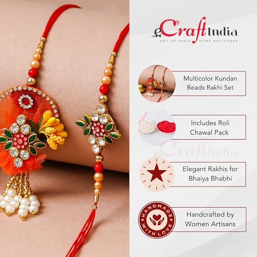 Image of eCraftIndia Multicolor Kundan Beads Designer Rakhis for Brother and Bhabhi | Bhaiya Bhabhi Rakhi Set of 2 | Lumba Rakhi for Bhabhi | Best Bro Ever Fridge Magnet | Roli Chawal Pack