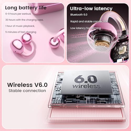 Image of Clip On Ear Headphones with a Makeup Mirror, Open Ear Earbuds Wireless Bluetooth Earbuds,Ultra-Long Battery Life, for Android /iOS Phones (Rose Gold)