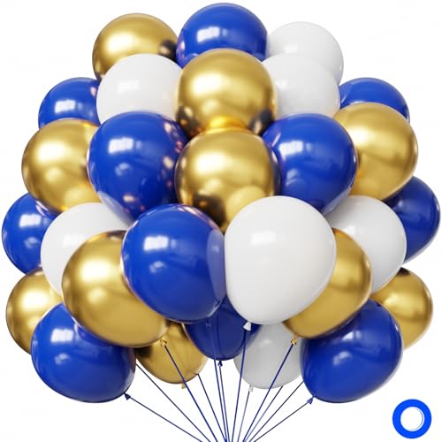 Image of Hiquaty Blue and Gold Balloons,60pcs Royal Blue Balloons,12 Inch Blue and White Balloons with Blue Ribbon for New Year Party Wedding Bridal Shower Decorations
