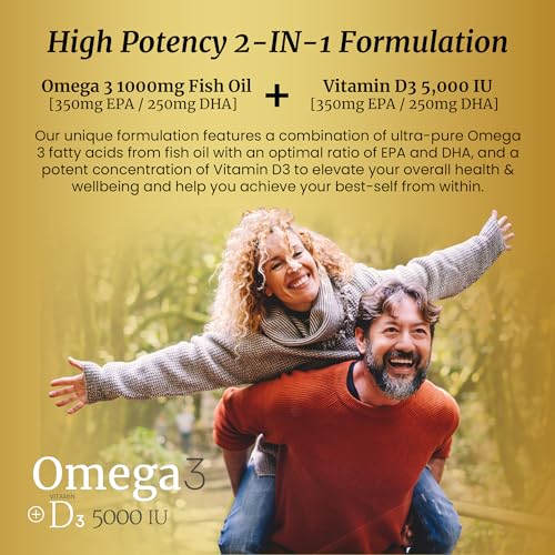 Image of SIGNIFY NATURE Omega-3 + D3 Fish Oil 1000mg / Vitamin D3 5000IU 90 Softgels | Omega3 1000mg Triglyceride Capsules, Heart Health & Immune Support, High Potency EPA DHA + VIT D 3, 3-Month Daily Supplement