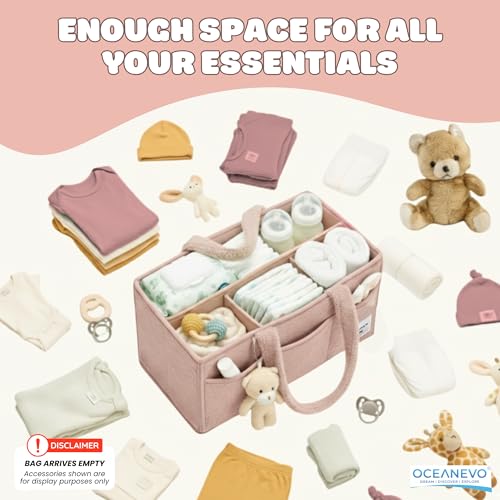 Image of OCEANEVO Fur Diaper Caddy Organizer Bag | WITH Diaper Changing Mat, Bag Charm and Luggage Tag | New Born Baby Essentials | For Mothers for Travel - 38 x 25 x 18 cm - Pink - 1 Year Warranty