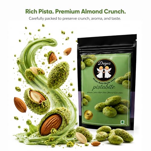 Image of DRIYOZ Pistabite Pista Flavour Chocolate Coated Almonds 250g | Premium Crunchy Badam with Rich Pistachio Chocolate Granules | Gourmet Sweet Nut Snack for Gifting & Snacking