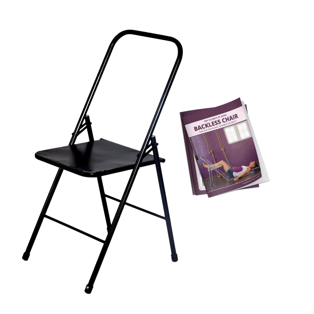 Friends of Meditation Iyengar Yoga Chair | Backless Yoga Chair for Holding, Alignment, Flexibility | Size: Large; Capacity: 100kg | Includes Free Yoga Book (112 Ways of Using The Backless Chair) (Black, TALL)