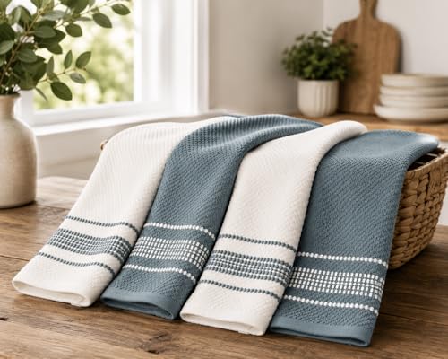 Image of Kitchen Towels, Blue and White Stitched Design Hand Towels, Cotton Soft Large 18 x 28 Dobby Weave Super Absorbent Tea Towels Drying Cloth Kitchen Linens