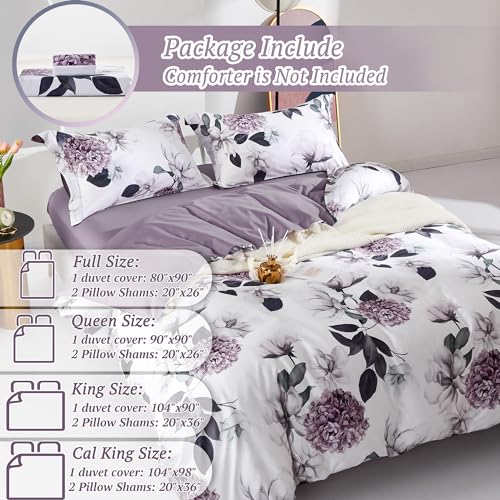 MILDLY 100% Long-Staple Cotton Duvet Cover Set Purple Hydrangea Lotus Flower Pattern Printed Comforter Cover 3pcs, Ultra Soft & Breathable Bedding Set
