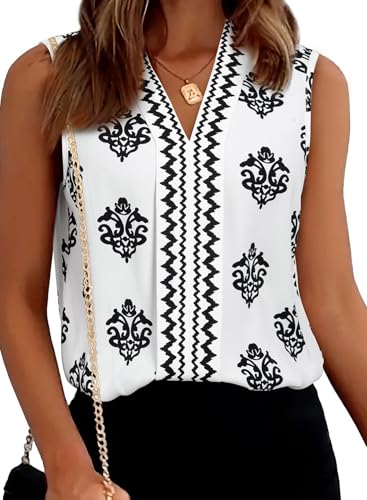 BLENCOT Summer Tank Tops for Women Chiffon Sleeveless V Neck Blouses Floral Printed Work Pleated Shirt White M