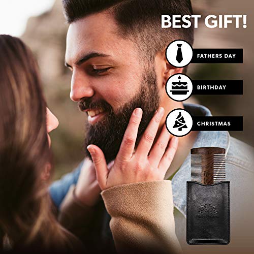 Beard Comb For Men, Wooden Natural Sandalwood, Fine Dual Action Teeth Beard Comb, Handmade Premium Sandal Wood, Fine & Coarse Tooth Perfect For Balms And Oils, Includes Pu Leather Case, Pocket Size #TOP5