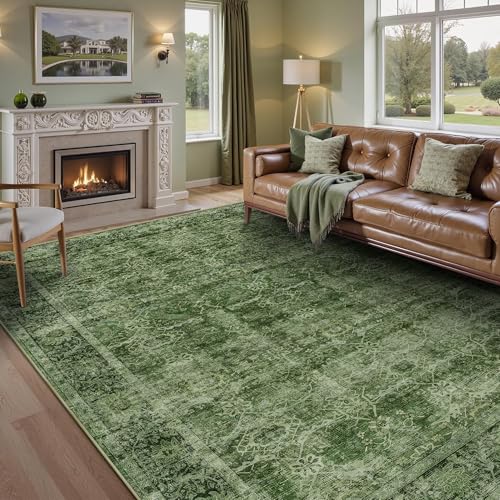 Image of 8x10 Washable Area Rug Vintage Green Rug for Living Room Bedroom Low Pile Soft Non-Slip Boho Rug for Under Table Boho Distressed Retro Carpet for Bedroom Kitchen Office Dining