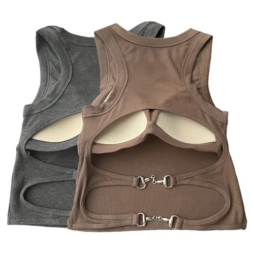 2 Pcs Girls' Cotton Built-up Stretch Sports Bra Girls Tank Top Chic Strappy Backless Top with Built-in Pads Short Top Vest (Coffee+Dark Gray)3