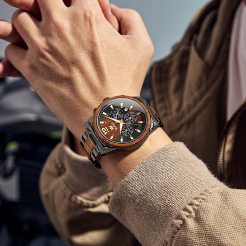 Image of OLEVS Men Watch Wooden Accent Band Multi Function Dial Luminous Waterproof Casual Luxury Business Watch