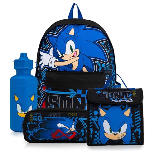 Sonic The Hedgehog Sac à dos 4 pièces avec déjeuner, trousse à crayons et bouteille d'eau | Sac à dos garçon rembourré – Fournitures de rentrée...