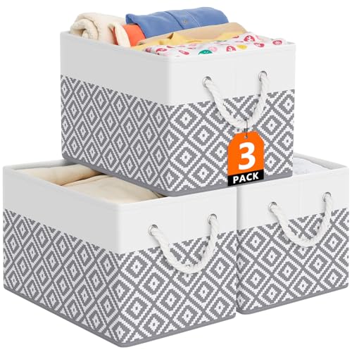 Storage Bins, 3-Pack Large Storage Box with Rope Handles, Collapsible Storage Basket for Organizing Books, Clothes, Rhombic Grey