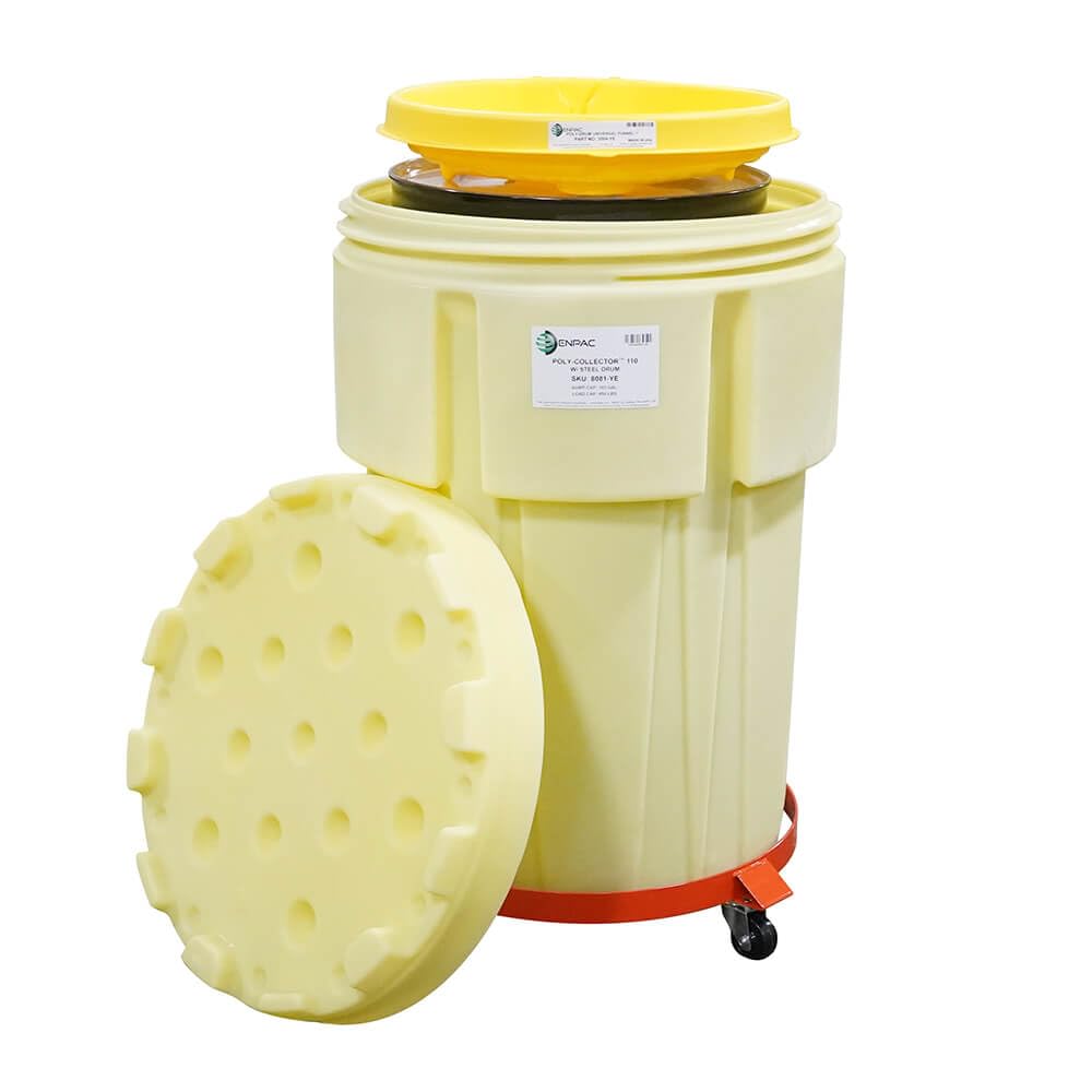 ENPAC Poly Spill Collector 110 with Steel Drum, Yellow, Drum, Dolly, Funnel, Collect Waste, Polyethylene, Durable, Mobile