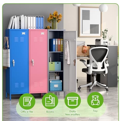 Image of Aobabo Metal Locker, 54 inch H Metal Storage Locker for Employees, Lockable 1 Door with Towel Rack and 2 Side Pegboards with Hooks for Home School Office Gym, Assembly Required (Gray White)