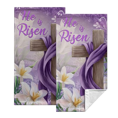 Kwlegh He is Risen Easter Hand Towels Purple Easter Towels 14.4x28.3 Set of 2 Easter Cross with Spring Lily Flowers Soft Highly Absorbent Kitchen Dish Guest Towel for Bathroom Kitchen Hotel