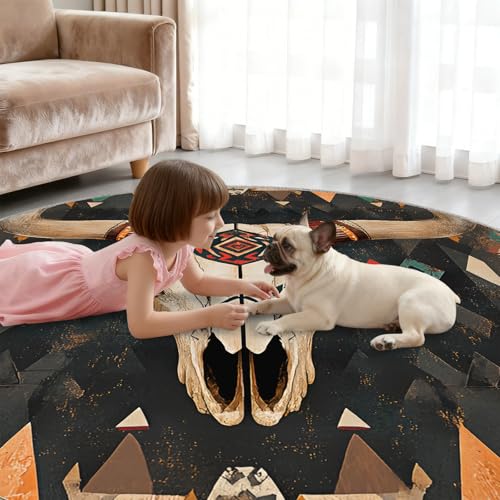 Tapis circulaire géométrique lavable et antidérapant style bohème