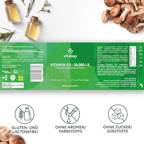 Vitabay Vitamin D3 Depot 20.000 I.E. – 120 vegane Tabletten – hochdosiert & vegan – ohne Zusatzstoffe – laborgeprüft – Vorrat für lange Zeit