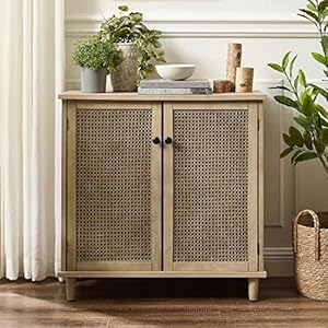 Volans Accent Storage Cabinet with Woven Rattan Wicker Doors Sideboard Buffet Cabinet for Entryway Hallway or Living Room Rubber Wood Veneer
