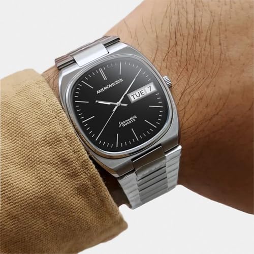 Image of AMERICANVIBER Men's Stainless Steel Classic Analog Watch, Casual & Business, with Cushion Case Dial and Day-Date Display