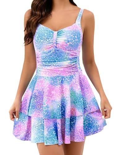 Halcurt Women's One Piece Swimsuit with Skirt Ruched Ruffle Tummy Control Swim Dress Bating Suit Tie Dye L