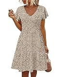 Hotouch Floral Dress For Women Tiered Fall Dresses Cotton Knee Length Dress V Neck A Line Fit And Flare Dresses Khaki-Print Large