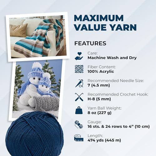 Image of Mary Maxim Maximum Value Acrylic Yarn for Crocheting and Knitting, Soft Worsted Weight Yarn 4, Ideal for Blankets, Sweaters, Hats, and Scarves, 8 oz Skein (474 Yds) (Dark Denim)