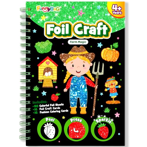 FUNNYB&G Foil Art Craft Kit for Girls 4-10 Years Old: Mess-Free & No-Glue, Create 16 Sparkly Farm Pictures – Perfect Travel Toy & Birthday Gift for Kids（Farm