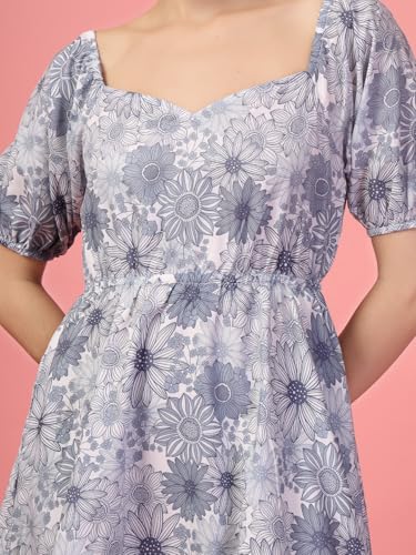 Image of OOMPH! Below Knee Shift Pink Dress in Crepe Fabric with Round Neck and Puff Sleeves - md619l