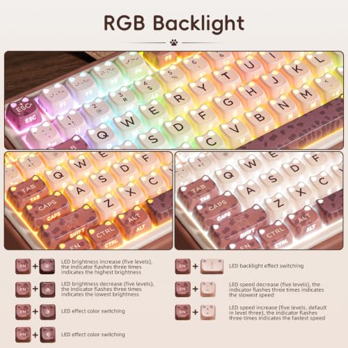 Image of ZORNHER UR82 Mechanical Keyboard,75% Wireless Creamy Gaming Keyboard with Cute Leopard Cat Kawaii Glowing Kitty Ear Mao Keycaps, Aesthetics Compact Brown Keyboard for Home Office,Coffee Brown