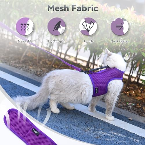 Image of Cat Harness and Leash for Walking Escape Proof Breathable Mesh Fabric, Purple, Large, Adjustable Cat Walking Jackets with Handle, Padded Stylish Cat Vest